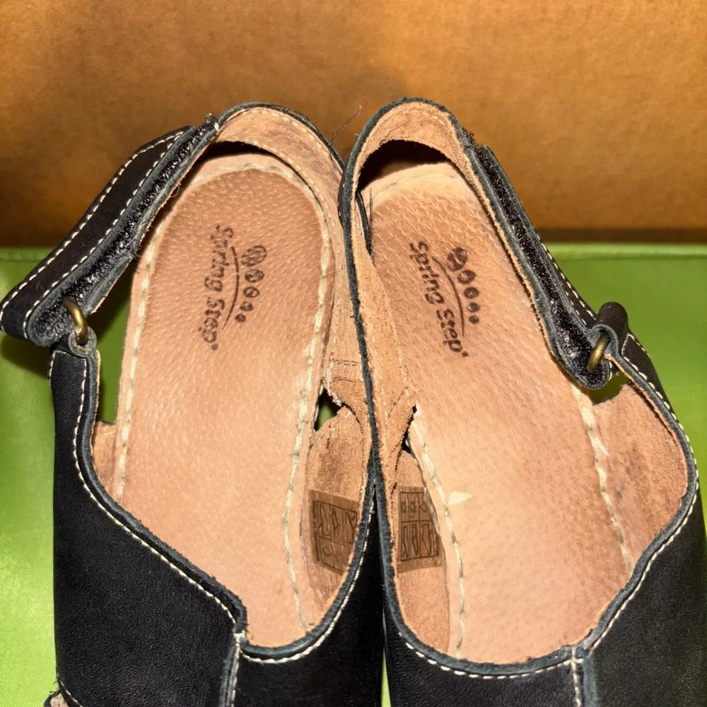 Spring Step Black Leather Peep-Toe Wedge Sandals | EU 40 (US 9–9.5)